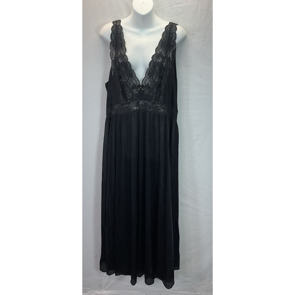 VTG Shadowline womens nylon nightgown 2X Black stretch Lace bodice Fairy